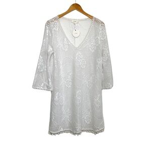 En Creme Womens Lace Swim Coverup Dress Sz Large White Bobble Trim